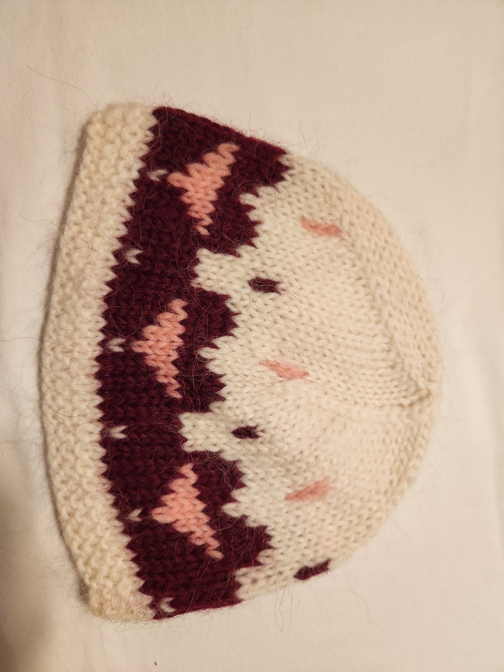 Hand Knit Icelandic 100% Wool Beanie Cream Burgundy Pink Women’s - Picture 2 of 6